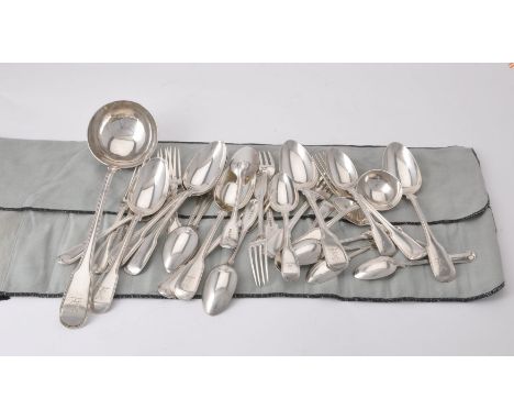 A matched silver fiddle and thread pattern table service for six, various George III to William IV makers and dates, engraved