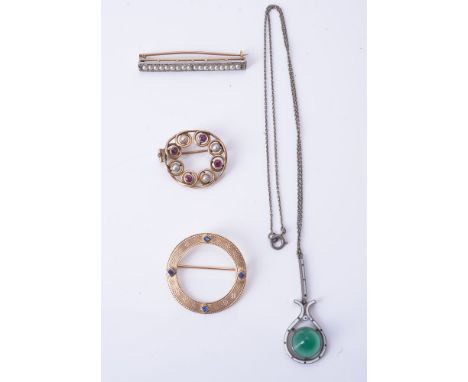 An Edwardian seed pearl and rose-cut diamond bar brooch, 4.2cm long, 4.5g gross; a ruby and half pearl open looped wirework b