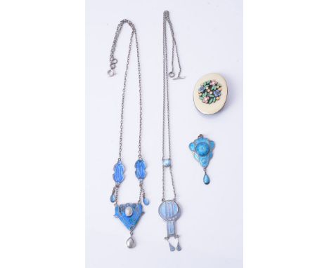 A blue enamel geometric design pendant neckchain, by Charles Horner, hallmarked silver, Chester 1912, chain 40cm long, the pe