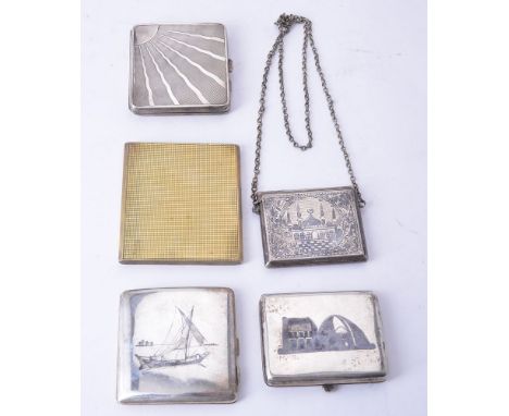 Four various silver coloured cigarette cases, comprising; an Art Deco rounded square case by Deykin &amp; Harrison, Birmingha