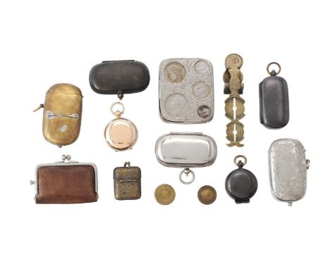 A collection of sovereign cases and similar, in various base metals, including: three gun metal, one gold plated' one silver 