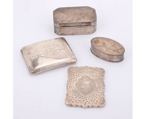 Four silver boxes, comprising: a Victorian shaped rectangular card case by Hilliard &amp; Thomason, Birmingham 1858, 10cm (4i