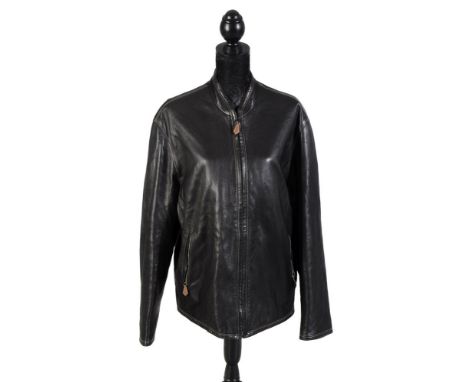 Hermes, a black leather jacket, with two exterior zip pockets and zip fastener, the tan interior with two button pockets, siz