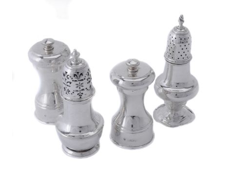 Two silver pepper casters and two pepper mills, one caster George III ogee baluster, maker's mark .S, London 1780, 13cm (5 1/