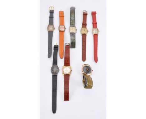 A collection of eight wrist watches, brands including Benrus and Timex, including gold plated examples