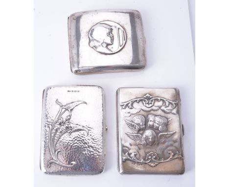 An Arts and Crafts silver rectangular cigarette case by George Lawrence Connell, London 1903, the cover embossed with a child
