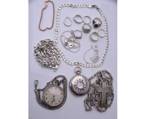 A collection of silver coloured jewellery, to a include a silver half hunter pocket watch, the circular white enamel dial wit