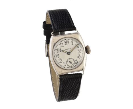 Rolex, Silver wrist watch, no. 50028, circa 1923   Movement: Manual wind, 15 jewels   Case: Silver case, snap case back   Bra