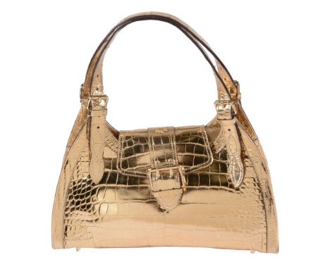 Burberry, a metallic yellow leather handbag, the crocodile style leather with twin loop handles with buckle detail, yellow me