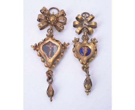 Two 19th century Southern Italy reliquary pendants, the bow surmounts suspending a tapered locket centre with painted enamel 