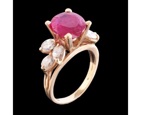 A ruby and diamond ring, the oval cut ruby claw set between oval and pear cut diamonds, approximately 1.00 carat total, finge