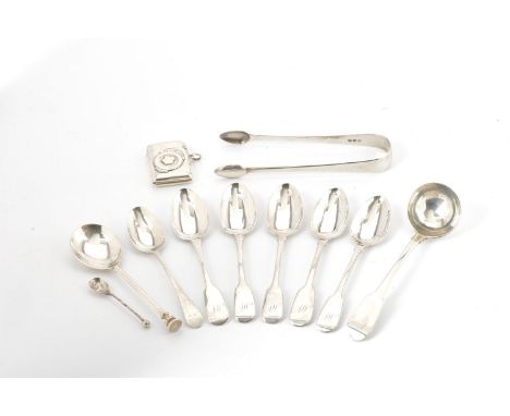 A small collection of silver flatware, including a Victorian Irish fiddle pattern sauce ladle, Dublin 1867; a seal top spoon 