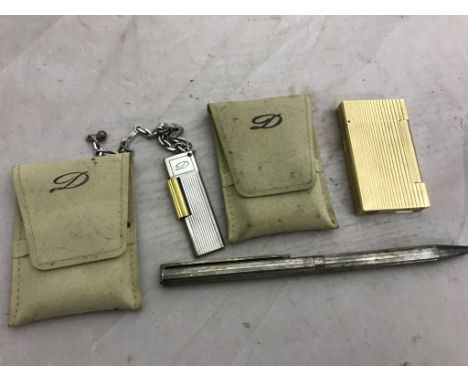 A Dupont silver 925 marked keyring; together with a silver-plated biro and a gold-plated lighter