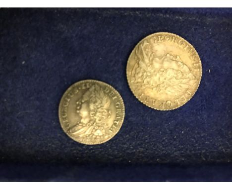 A George II 1745 Lima sixpence EF, and a 1758 shilling EF