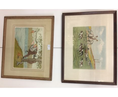 Boris O'Klein (1893-1985): Two colour etchings depicting humourous hunting & fishing cartoon subjects, each hand signed in pe