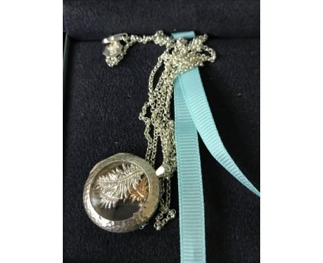 A feather locket pendant on a long silver chain by Dower & Hall