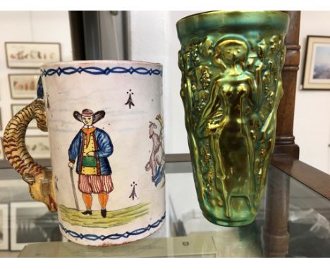 A Zsolnay pex lustred goblet embossed with maidens; together with a Rowley spitoon and an 18th/19th French armorial tankard w
