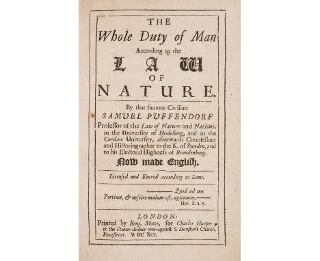 Pufendorf (Samuel) The Whole Duty of Man According to the Law of Nature, first English edition, advertisement leaf at end, so