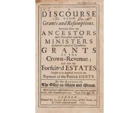 Economics.- Davenant (Charles) A Discourse upon Grants and Resumptions, first edition, sig.Z with only 7 leaves but complete,