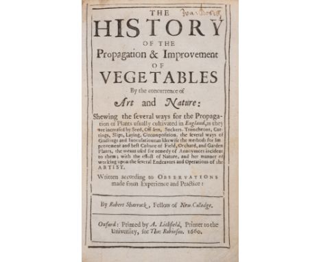 Sharrock (Robert) The History of the Propagation & Improvement of Vegetables, first edition, advertisement leaf at end, lacki