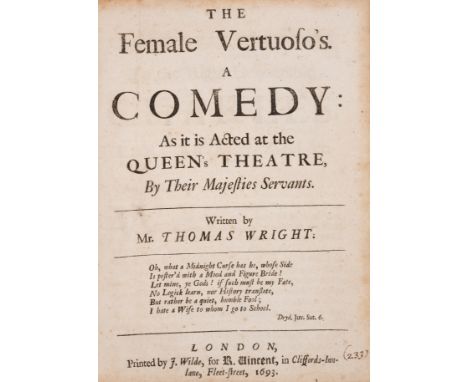 Wright (Thomas) The Female Vertuoso's. A Comedy, first edition, cropped at lower edge with loss to some signatures and catchw