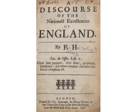 H[awkins] (R[ichard]) A Discourse of the Nationall Excellencies of England, first edition, contemporary calf, rebacked preser