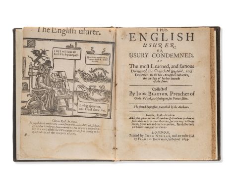 Blaxton (John) The English Usurer. Or, Usury Condemned, second edition, fine woodcut frontispiece trimmed at top and fore-edg