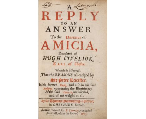 Mainwaring (Sir Thomas) A Reply to an Answer To the Defence of Amicia, Daughter of Hugh Cyveliok Earl of Chester, presentatio