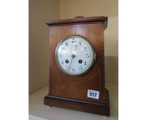 A French 8 day mahogany case Arts and Crafts style mantle clock - Height 30cm - working in the saleroom 
