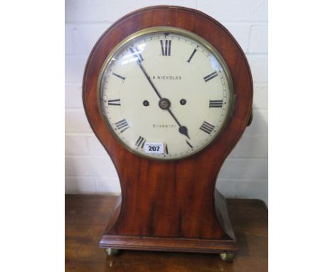 A mahogany cased 19th century balloon clock with Roman numerals to enamel dial marked J H Nicholas, Daventry, double fusee mo
