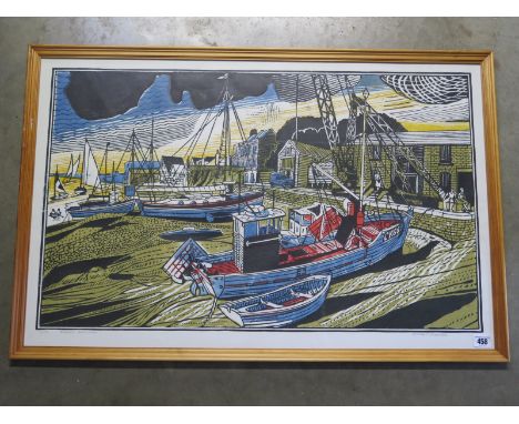 Richard Bawden signed coloured woodblock print - Wivenhoe Waterfront - 5/75 - 55cm x 86cm - good condition, minor scuffs to f