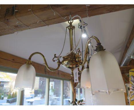An early 20th century three branch brass ceiling light with original shades - Height 48cm x Width 57cm 