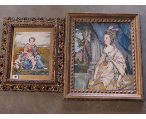 A Religious wool work - 26cm x 21cm - in an ornate gilt frame - colors bright, minor losses to frame - and a wool work portra