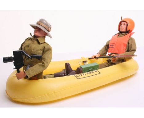 Palitoy vintage Action Man The Royal Marines Exploration Team on brown flocked hair, gripping hands dolls, jackets, trousers 