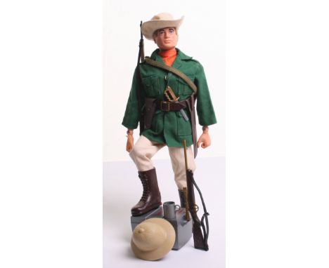 Palitoy vintage Action Man Jungle Explorer, on blond flocked hair and gripping hands doll, tropical jacket and trousers, hat,