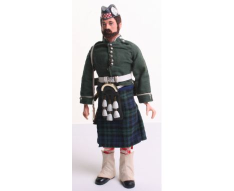 Palitoy vintage Action Man Argyll &amp; Sutherland Highlander on black flocked hair and beard, fixed hands doll, jacket, boot