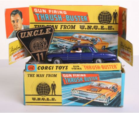 Corgi Toys 497 The Man From Uncle “Thrush Buster” blue Oldsmobile, cast wheel hubs, plastic lamps, oxidation to chrome firing