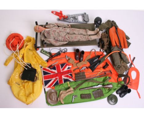 Quantity of Palitoy vintage Action Man, including three painted head dolls in fair condition, Scarce base camp tent with meta