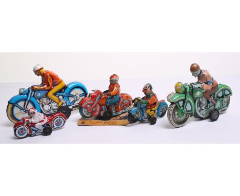 Five Tinplate Motorcycles, Haji (Japan) friction drive motorcycle- approx length 4 ¾”(12cm) German motorcycle, tin print deta