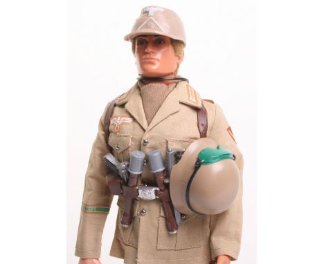 Palitoy vintage Action Man German Afrika Corps, International card issue on blond flocked hair, gripping hands, eagle eyed do