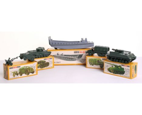 Five Airfix H0-00 Scale Military Vehicles,6 x 6 Truck, Landing craft, Centurion Tank, 155mm Self Propelled Gun and Field Gun 