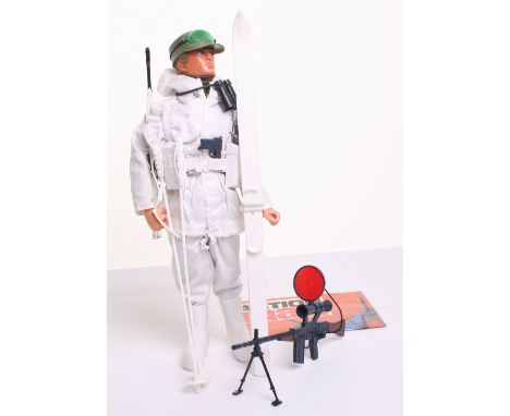 Palitoy vintage Action Man Mountain &amp; Artic Uniform on blond flocked hair, gripping hands, eagle eyed doll, snowsuit, cap