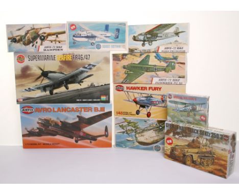 Ten Airfix Plastic Aircraft Kits, 07106 Supermarine Seafire FR46/47 1, 04103-0 Hawker Fury both 1:48 scale, 08002-0 Avro Lanc