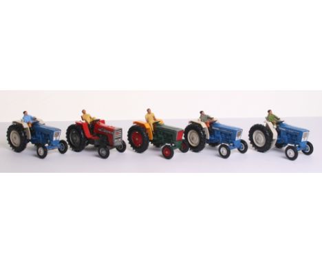 Five Britain’s Unboxed Tractors, 3 x 9524 Ford 6600, 1 x 9522 Massey Ferguson 595 Tractor and one other, all with drivers, fo