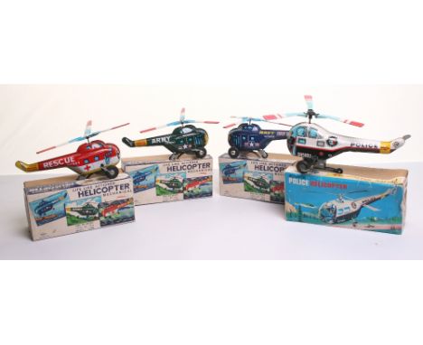 M.Y.K (Japanese) Tinplate Helicopters,with working friction motors, Navy, Army, Rescue, plus a Korean made Police Helicopter 
