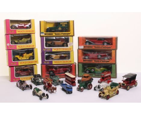 Matchbox Models Of Yesteryears, 4 x pink/yellow window boxes Y-8 Stutz, Y-5 Peugeot, Y-10 Rolls Royce,Y-2 Vauxhall, 2 x dark 