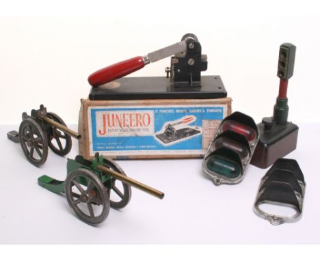 Two Metal Toy Cannons, unknown maker, brass barrels, with working mechanisms, approx 10 ½” (27cms) long, plus baker light set