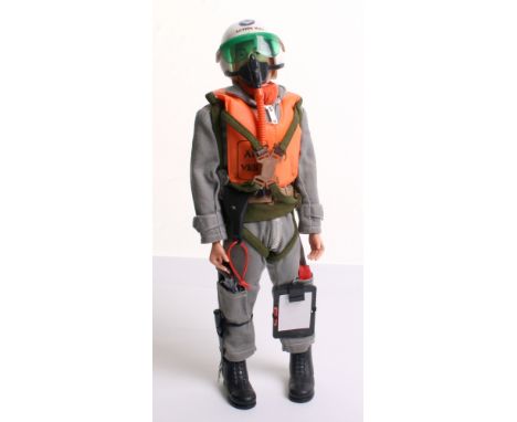 Palitoy vintage Action Man Scramble Pilot, on brown painted head fixed hands doll, grey flight suit with accessories includin