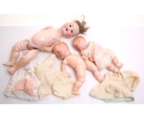 Three Bisque Headed Dolls, Heinrich Handwerck Jubilee baby doll, 2054 - HW-3, weighted blue eyes, open mouth, moulded hair, f