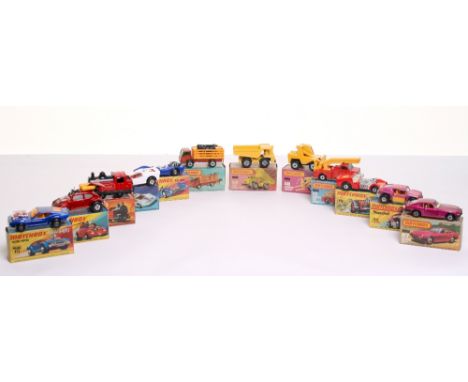 Twelve Matchbox Superfast 1:75 series boxed,10 Rolamatics Piston Popper,11 Flying VW Bug, 13 Snorkel Fire Engine, 19 Road Dra